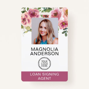 Blush Pink Floral Employee Photo Logo Barcode  ID Badge