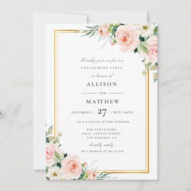 blush pink floral engagement party invitation (Front)
