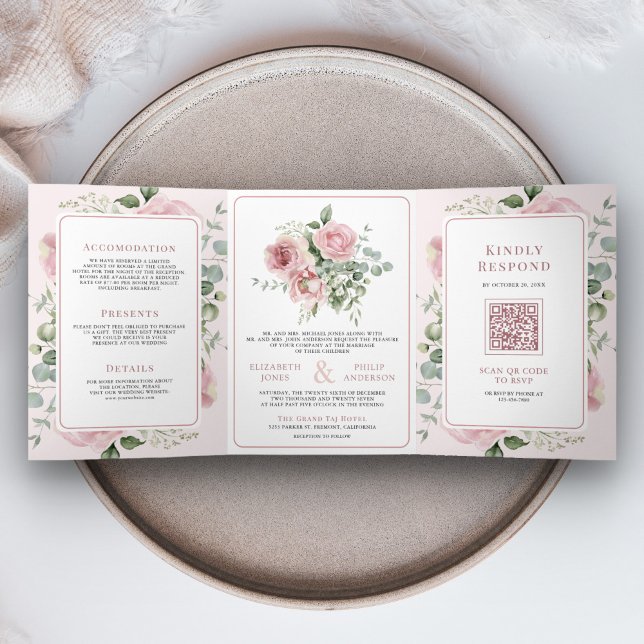 Blush Pink Floral Eucalyptus All in One Wedding Tri-Fold Invitation (Creator Uploaded)