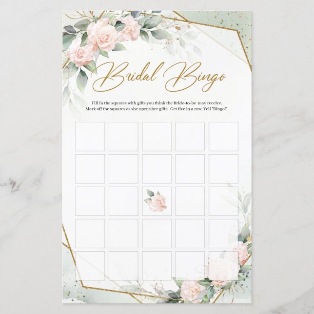 Blush pink floral eucalyptus and gold bridal bingo (Front)
