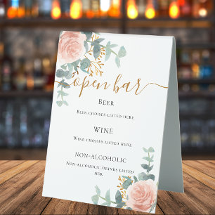 Blush pink floral eucalyptus bar menu