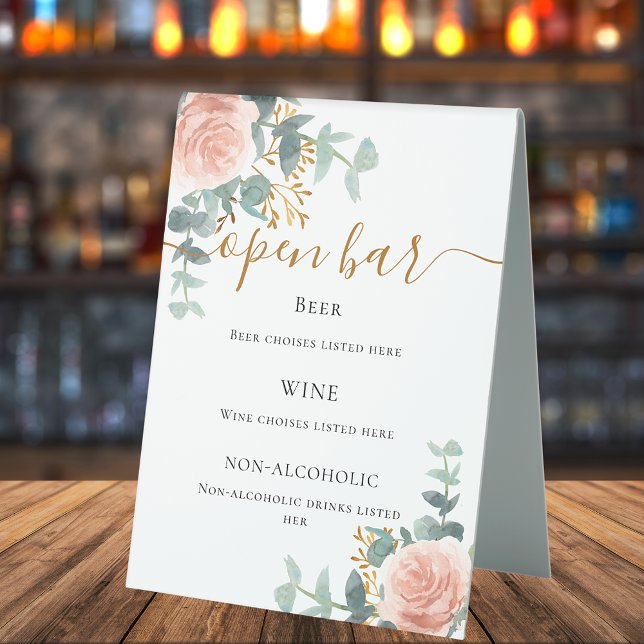Blush pink floral eucalyptus bar menu (Creator Uploaded)