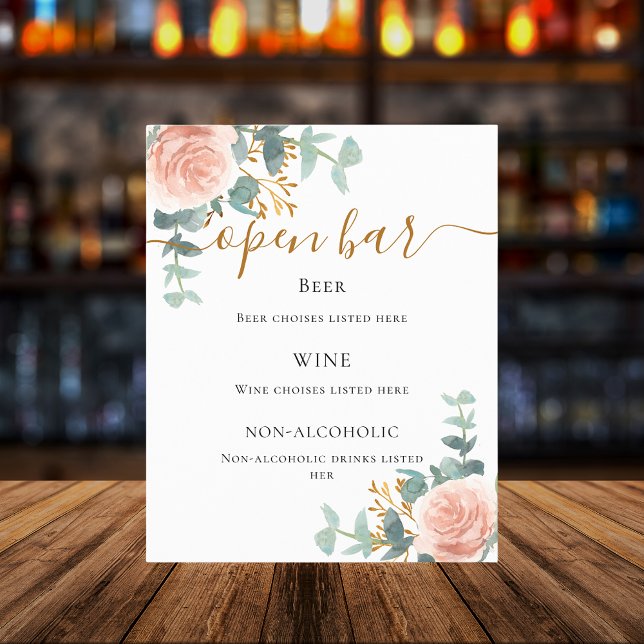 Blush pink floral eucalyptus bar menu (Creator Uploaded)