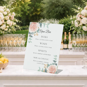 Blush pink floral eucalyptus bar menu pedestal sign