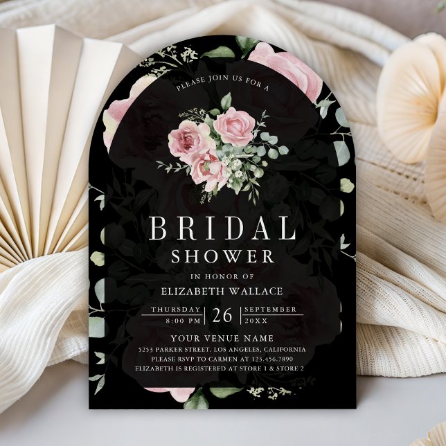 Blush Pink Floral Eucalyptus Black Bridal Shower Invitation (Creator Uploaded)