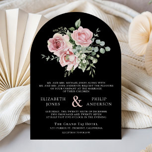 Blush Pink Floral Eucalyptus Black QR Code Wedding Invitation