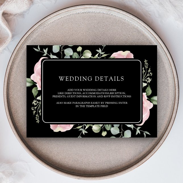 Blush Pink Floral Eucalyptus Black Wedding Details Enclosure Card (Creator Uploaded)