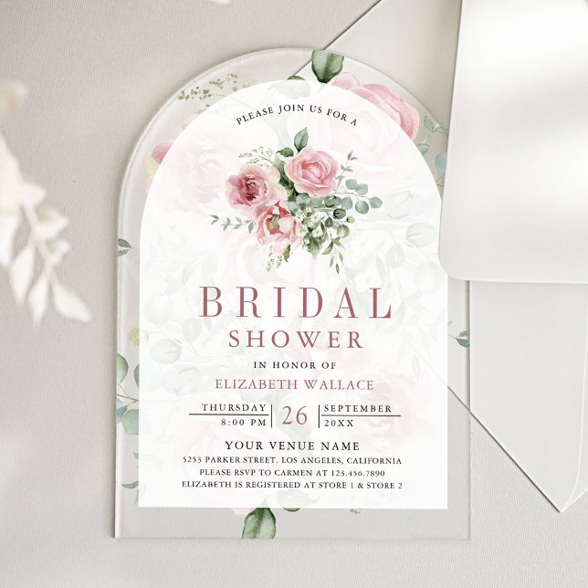 Blush Pink Floral Eucalyptus Bridal Shower Acrylic Invitations (Creator Uploaded)