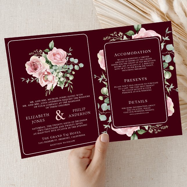Blush Pink Floral Eucalyptus Burgundy Wedding Invitation (Creator Uploaded)