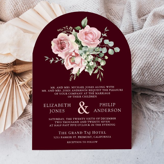 Blush Pink Floral Eucalyptus Burgundy Wedding Invitation (Creator Uploaded)