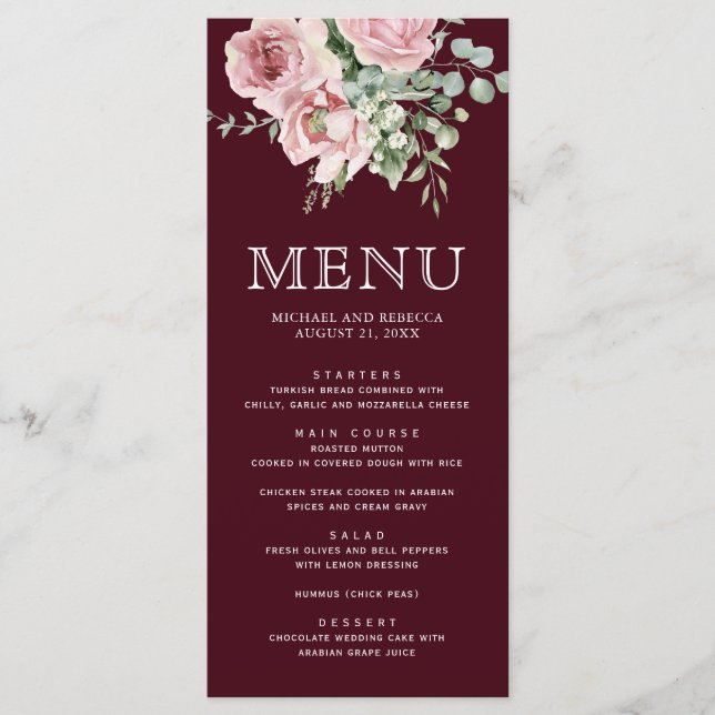 Blush Pink Floral Eucalyptus Burgundy Wedding Menu (Front)