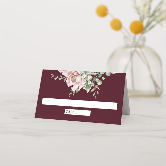 Blush Pink Floral Eucalyptus Burgundy Wedding Place Card (Front)