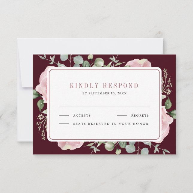 Blush Pink Floral Eucalyptus Burgundy Wedding RSVP Card (Front)