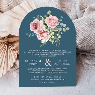 Blush Pink Floral Eucalyptus Dusty Blue Wedding Invitation
