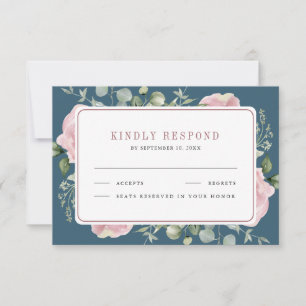 Blush Pink Floral Eucalyptus Dusty Blue Wedding RSVP Card