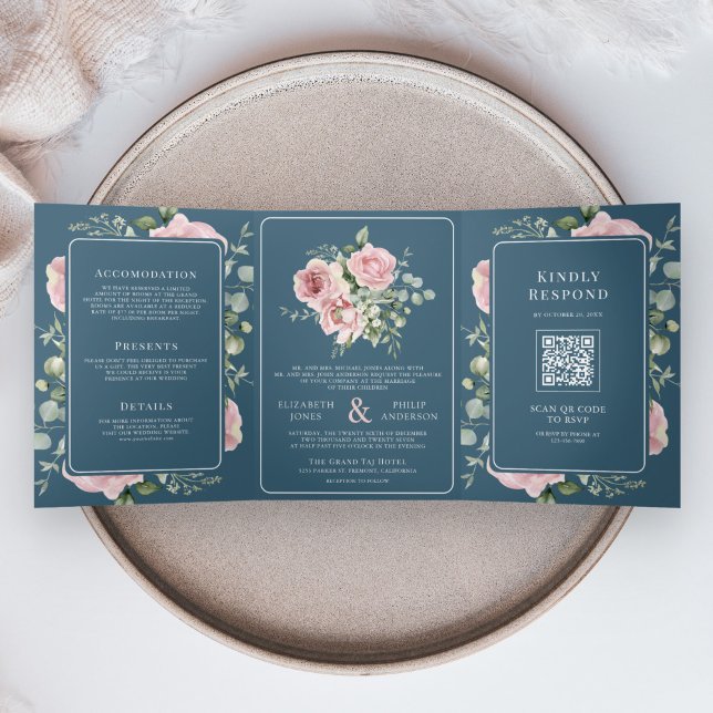 Blush Pink Floral Eucalyptus Dusty Blue Wedding Tri-Fold Invitation (Creator Uploaded)