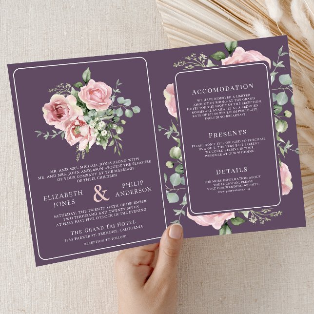 Blush Pink Floral Eucalyptus Dusty Purple Wedding Invitation (Creator Uploaded)