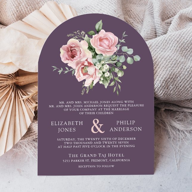 Blush Pink Floral Eucalyptus Dusty Purple Wedding Invitation (Creator Uploaded)