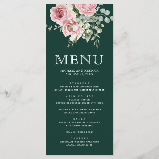 Blush Pink Floral Eucalyptus Emerald Green Wedding Menu (Front)