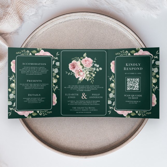 Blush Pink Floral Eucalyptus Emerald Green Wedding Tri-Fold Invitation (Creator Uploaded)