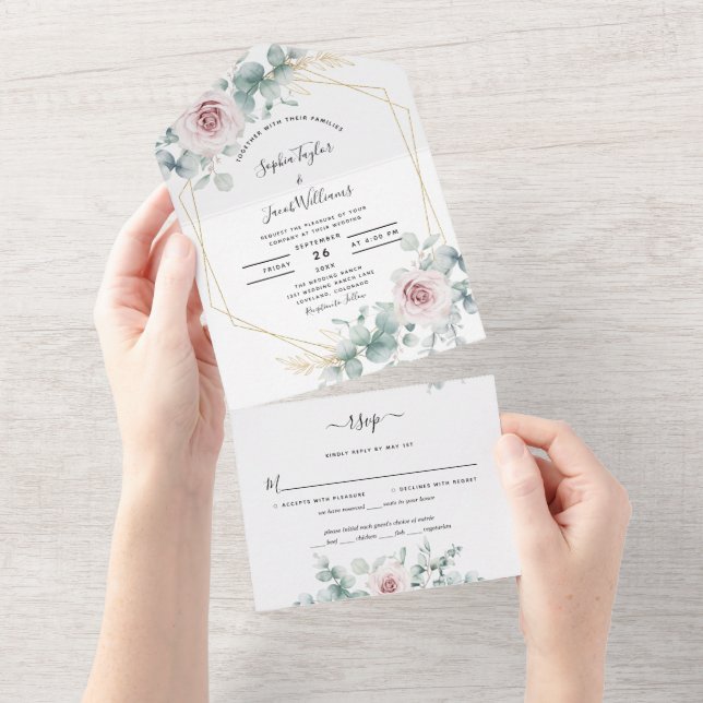 Blush Pink Floral Eucalyptus Geometric Wedding All In One Invitation (Tearaway)
