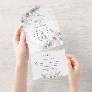 Blush Pink Floral Eucalyptus Geometric Wedding All In One Invitation
