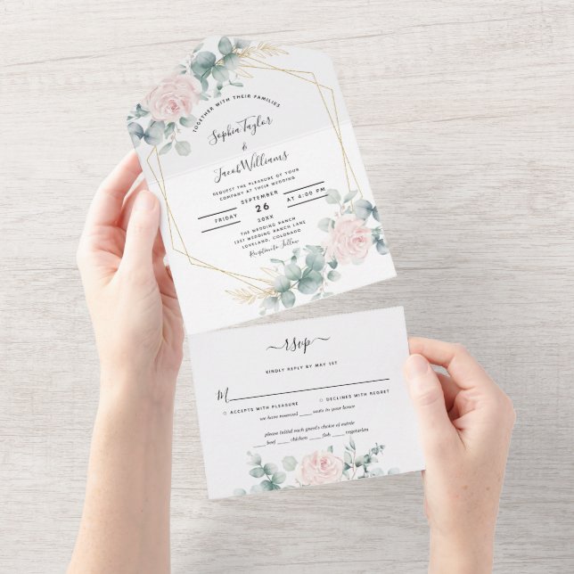 Blush Pink Floral Eucalyptus Geometric Wedding All In One Invitation (Tearaway)