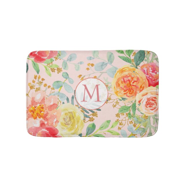 Blush Pink Floral Eucalyptus Glitter Monogram Bath Mat (Front)
