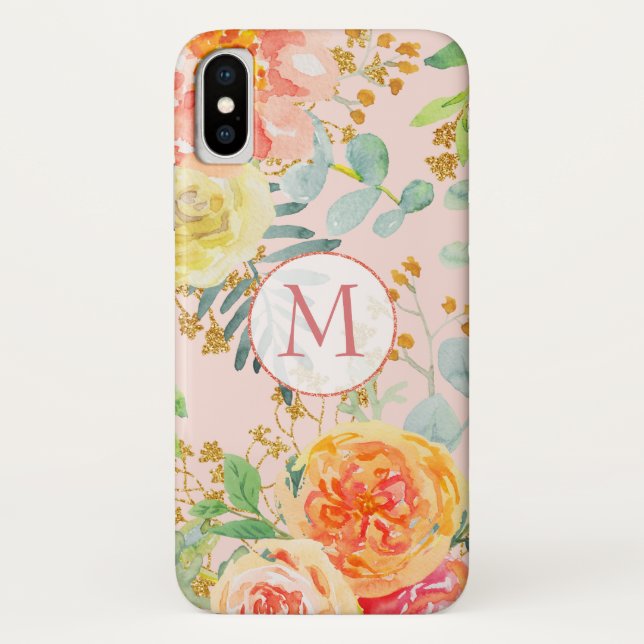 Blush Pink Floral Eucalyptus Glitter Monogram Case-Mate iPhone Case (Back)