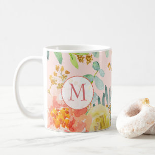 Blush Pink Floral Eucalyptus Glitter Monogram Coffee Mug