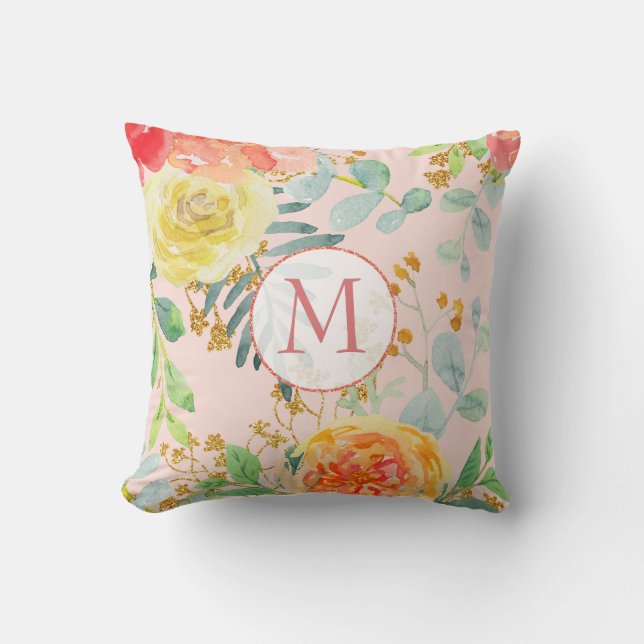 Blush Pink Floral Eucalyptus Glitter Monogram Cushion (Front)
