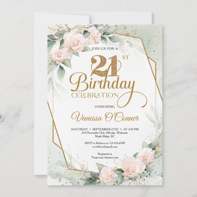 Blush pink floral eucalyptus greenery gold frame invitation (Front)