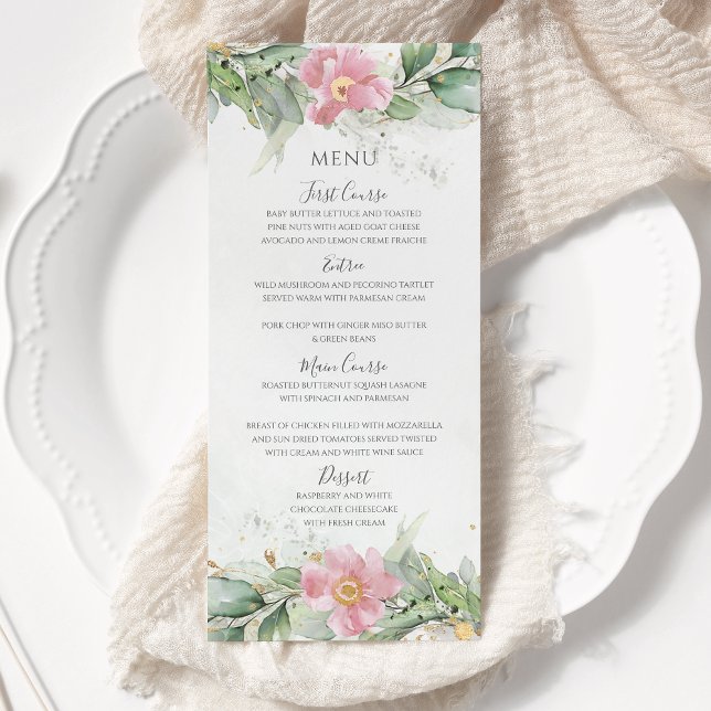 Blush Pink Floral Eucalyptus Greenery Gold Wedding Menu (Creator Uploaded)