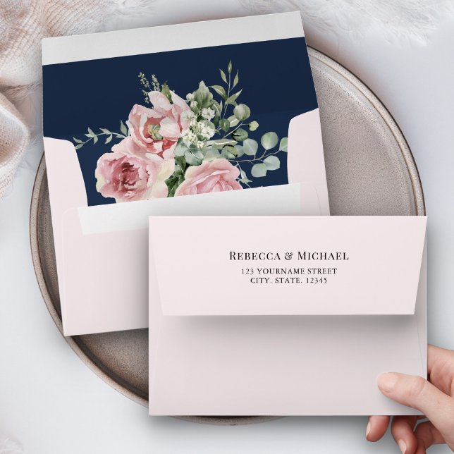 Blush Pink Floral Eucalyptus Navy Blue Wedding Envelope (Creator Uploaded)
