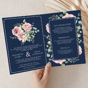 Blush Pink Floral Eucalyptus Navy Blue Wedding Invitation