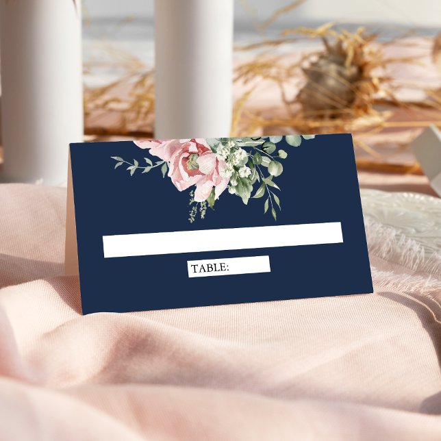 Blush Pink Floral Eucalyptus Navy Blue Wedding Place Card (Creator Uploaded)