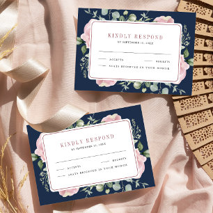 Blush Pink Floral Eucalyptus Navy Blue Wedding RSVP Card