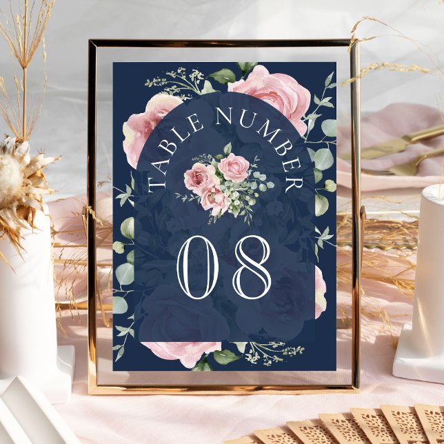 Blush Pink Floral Eucalyptus Navy Blue Wedding Table Number (Creator Uploaded)