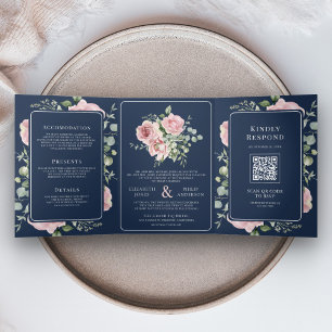Blush Pink Floral Eucalyptus Navy Blue Wedding Tri-Fold Invitation