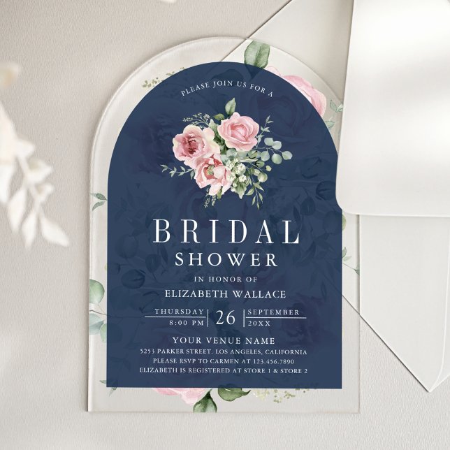 Blush Pink Floral Eucalyptus Navy Bridal Shower Acrylic Invitations (Creator Uploaded)