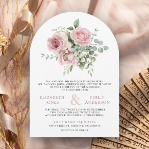 Blush Pink Floral Eucalyptus QR Code Photo Wedding Invitation