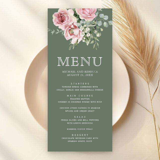 Blush Pink Floral Eucalyptus Sage Green Wedding Menu (Creator Uploaded)