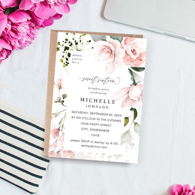 Blush Pink Floral & Eucalyptus Sweet 16 2B Invitation (Creator Uploaded)
