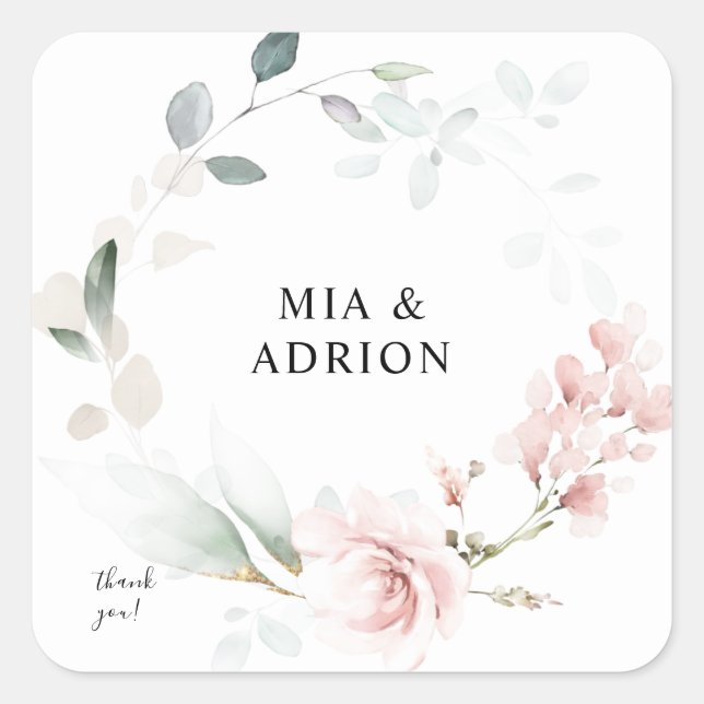 Blush Pink Floral & Eucalyptus Thank You Square Sticker (Front)