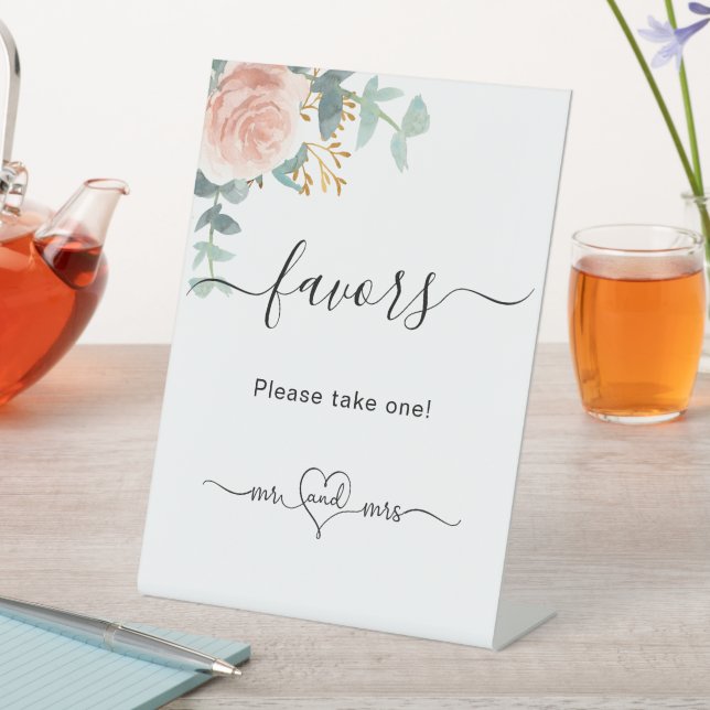 Blush pink floral eucalyptus wedding favours pedestal sign (In SItu)