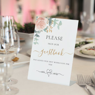 Blush pink floral eucalyptus wedding guest book pedestal sign