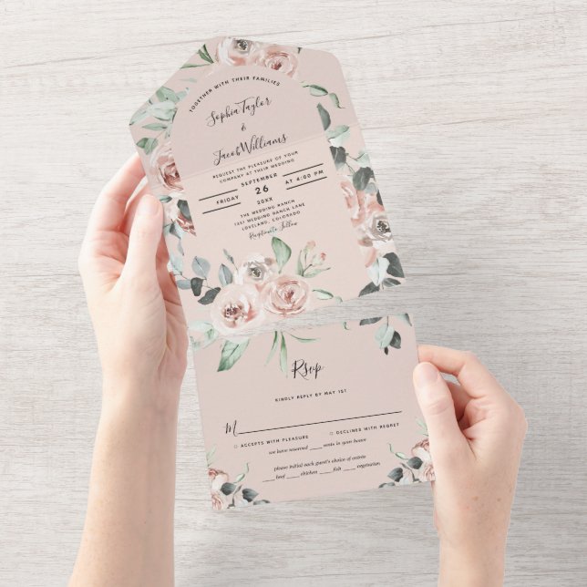 Blush Pink Floral Eucalyptus Wedding with RSVP All In One Invitation (Tearaway)