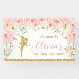 Blush Pink Floral Fairy Birthday Shower Backdrop Banner