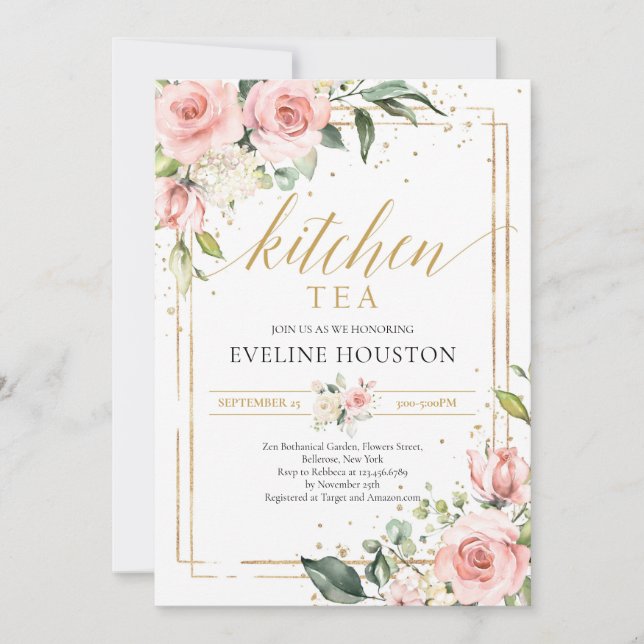 Blush pink floral faux gold frame kitchen tea invitation (Front)