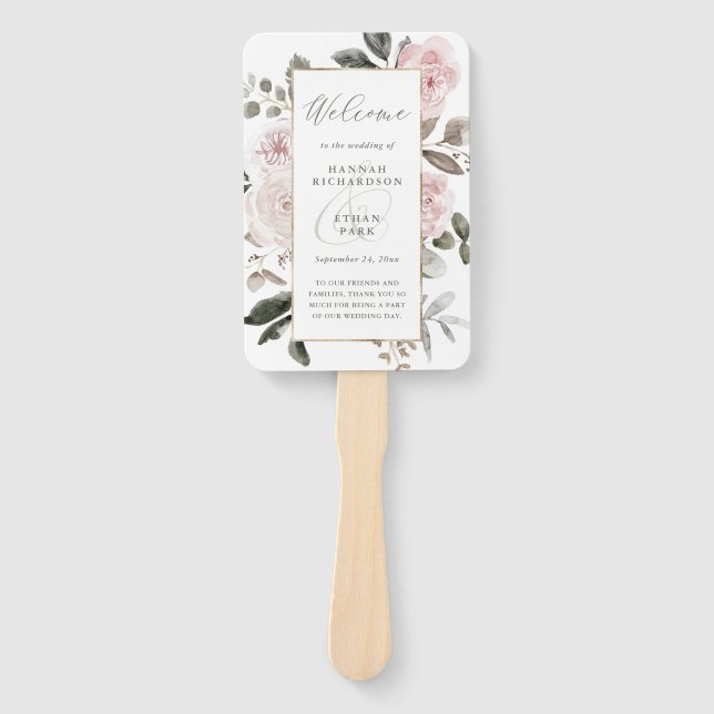 Blush Pink Floral | Faux Gold Geometric Wedding Hand Fan (Front)